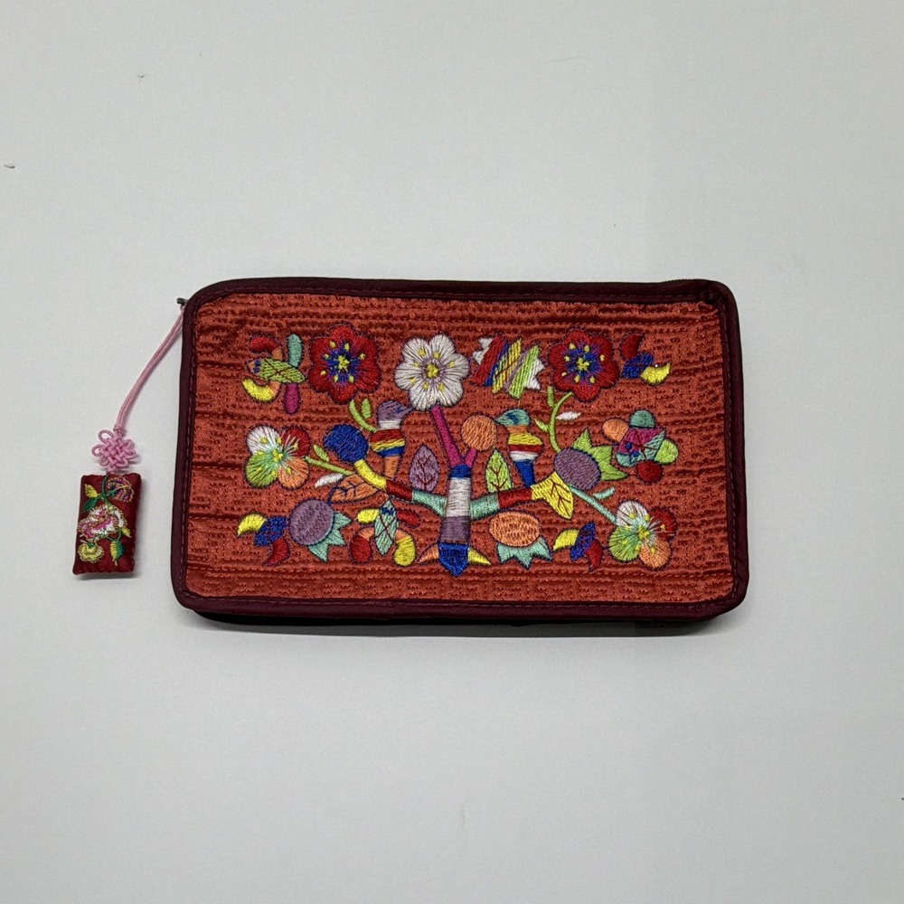 Peacebird Zip Wallet, Red, Embroidered Floral, Ethnic/Folk Style, Boho
